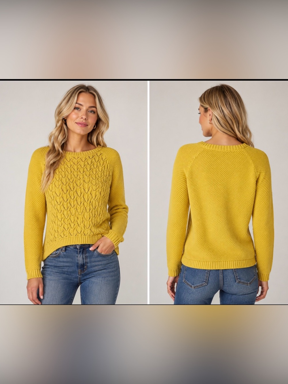 Stradivarius Yellow Cable Knit Crewneck Sweater small